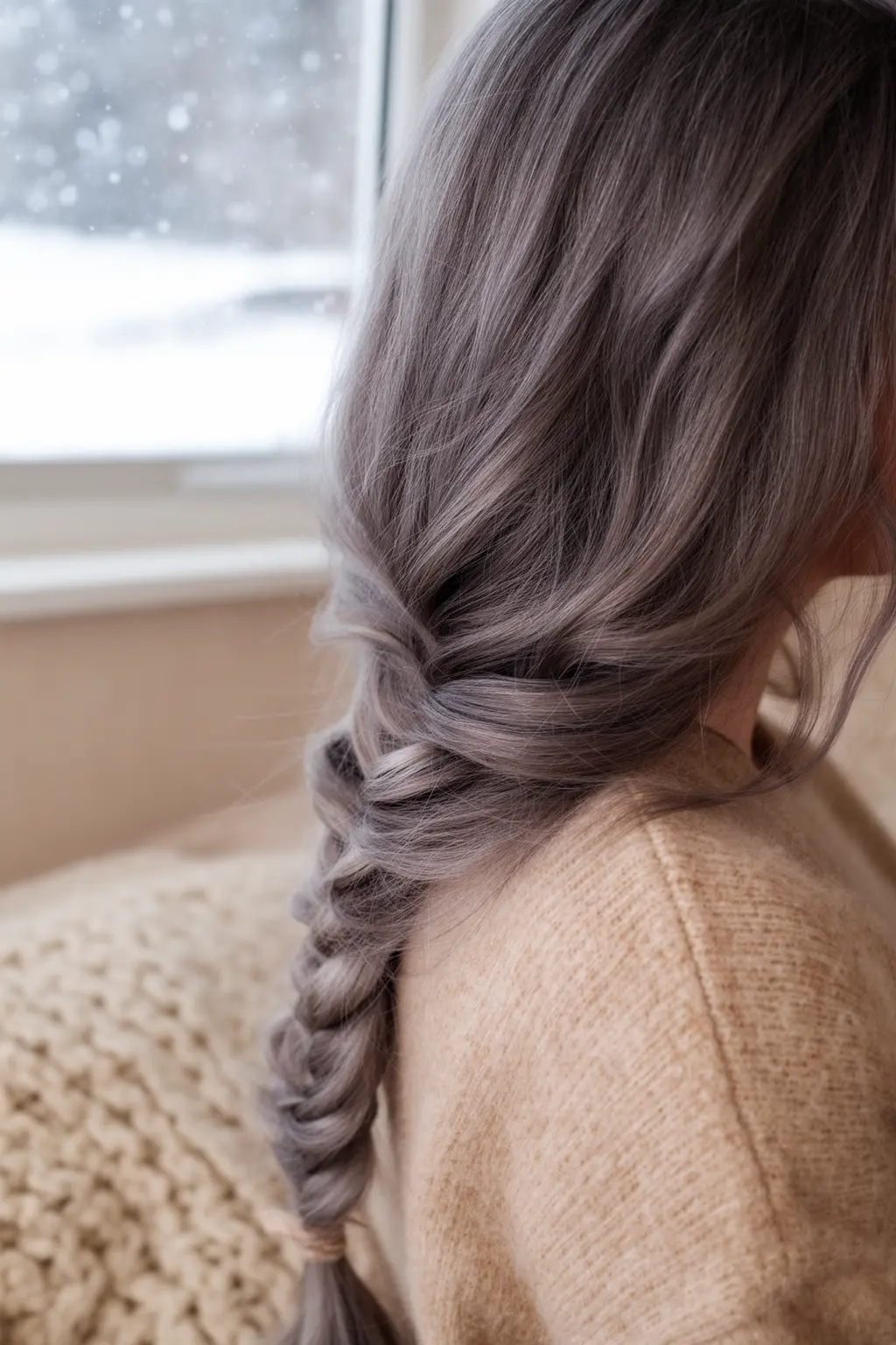 Ash Mushroom Brunette in a Loose Undone Braid