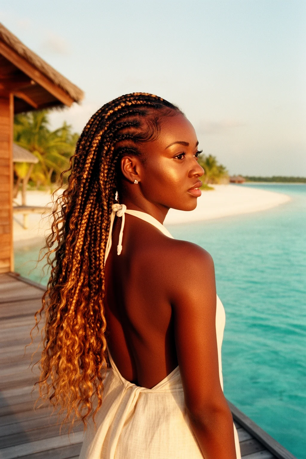 Boho Knotless Braids with Honey Highlights in Maldives