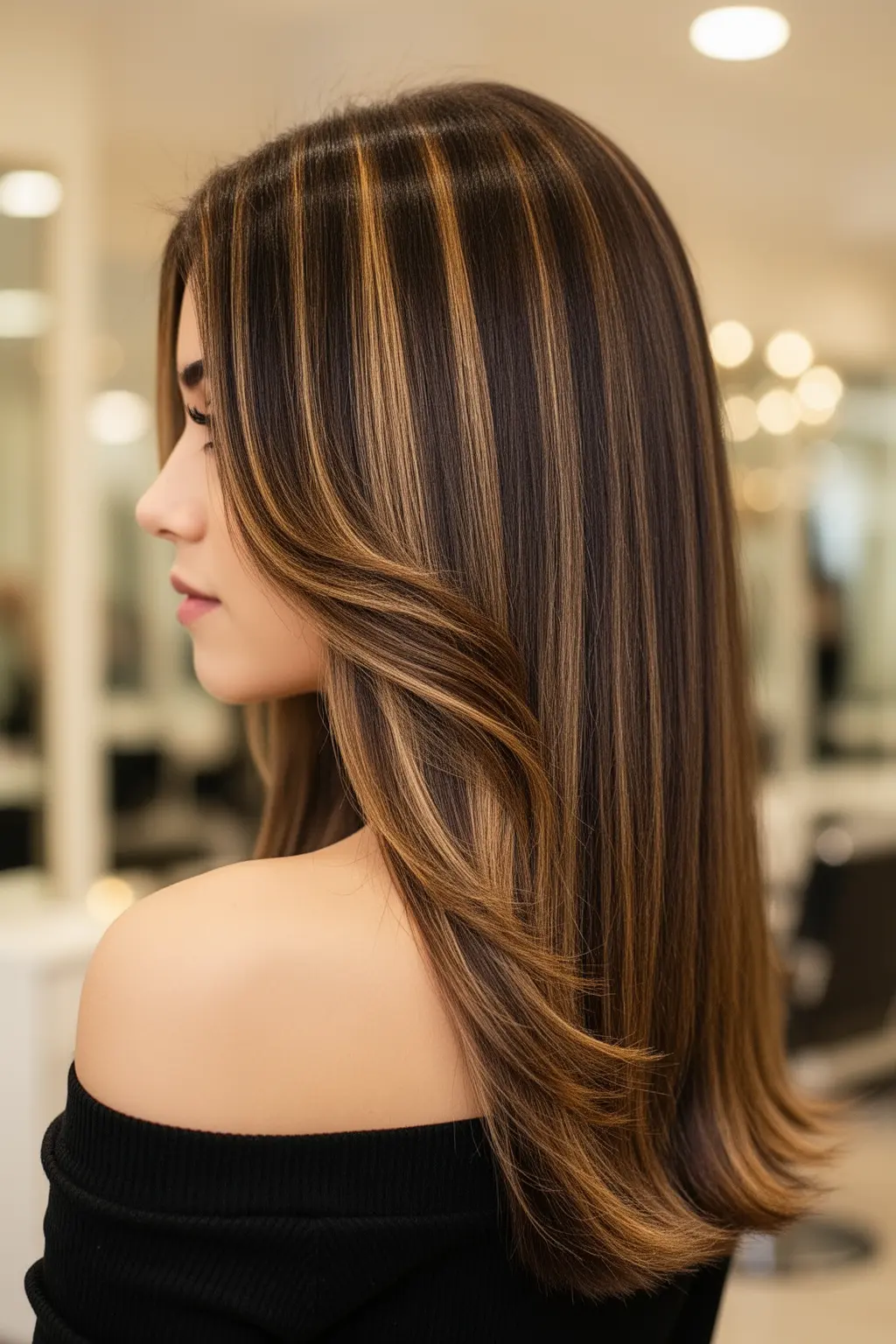 Long Straight Haircut with Face-Framing Front Layers and Caramel Ribbons